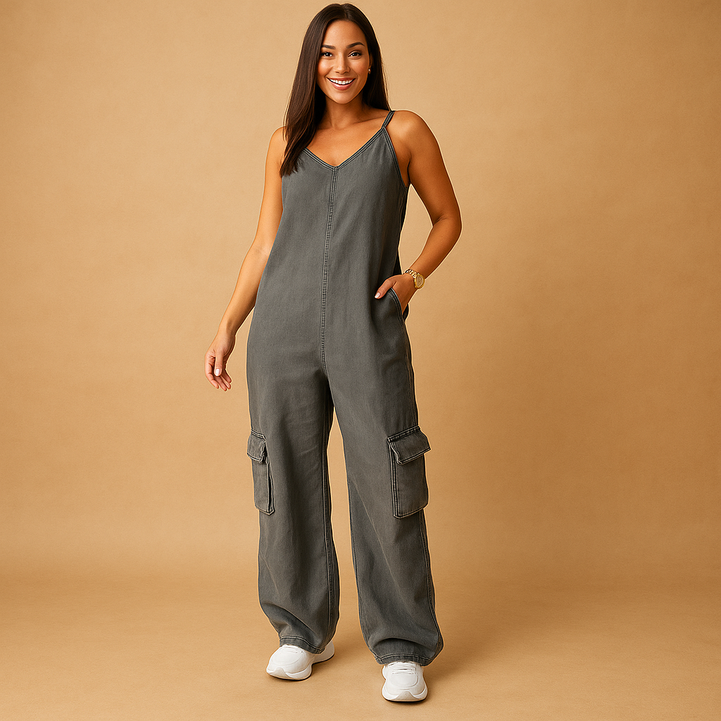 Denim jumpsuit met V-hals en open rug voor dames | Valerie