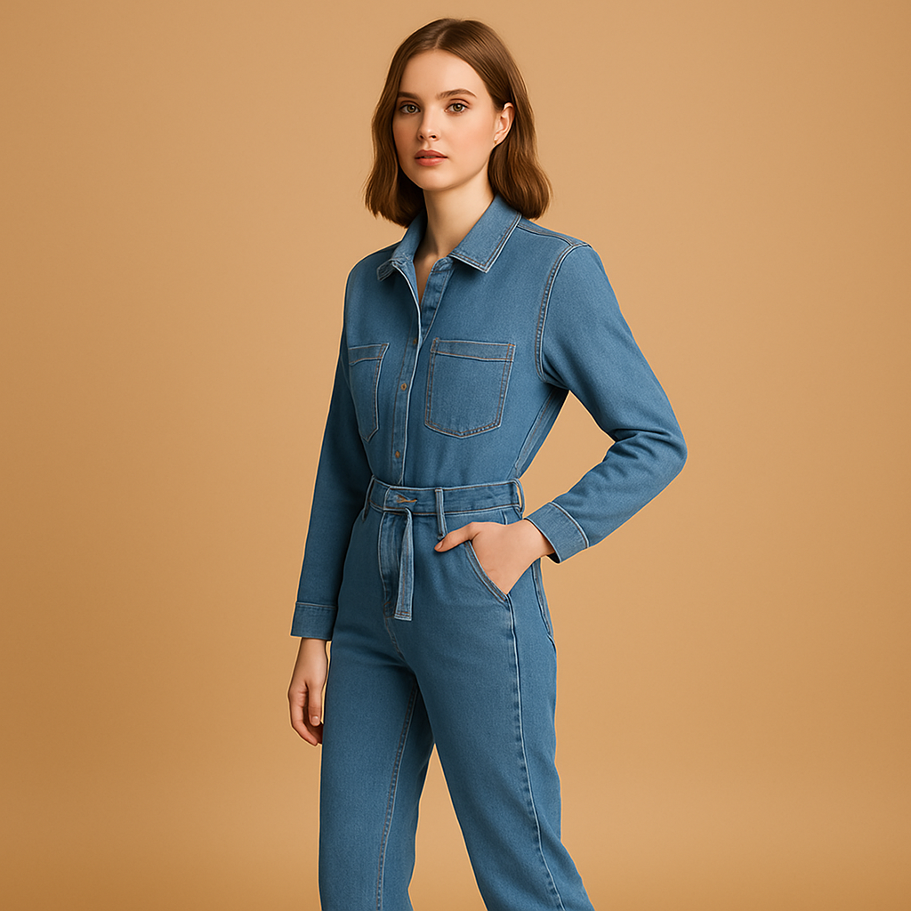 Blauwe denim jumpsuit dames met rechte pijpen en lange mouwen | Lara