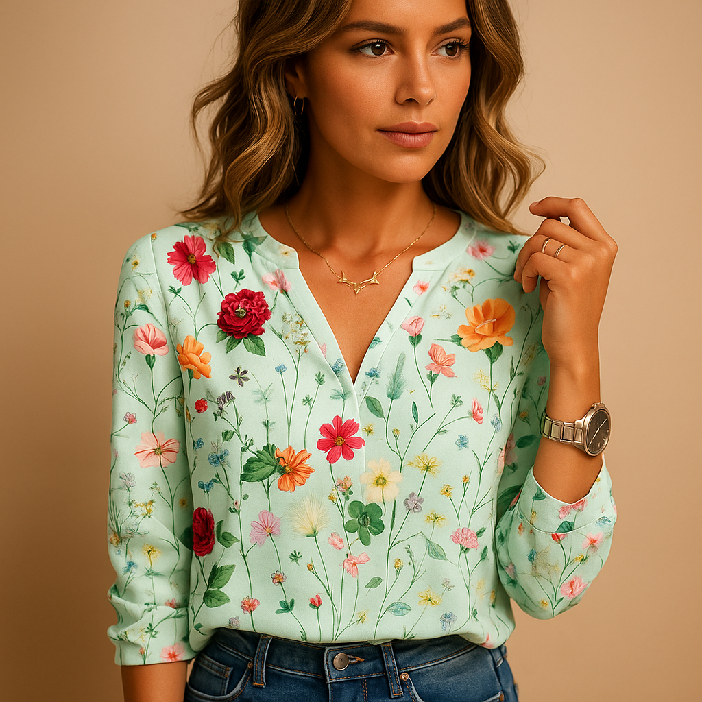 Bloemenprint blouse met V-hals en lange mouwen voor dames | Tess