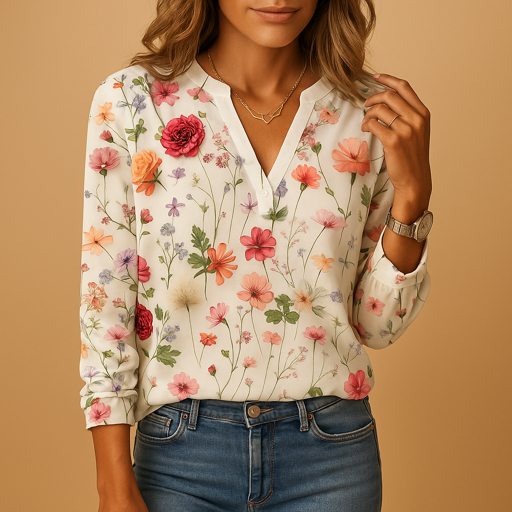 Bloemenprint blouse met V-hals en lange mouwen voor dames | Tess