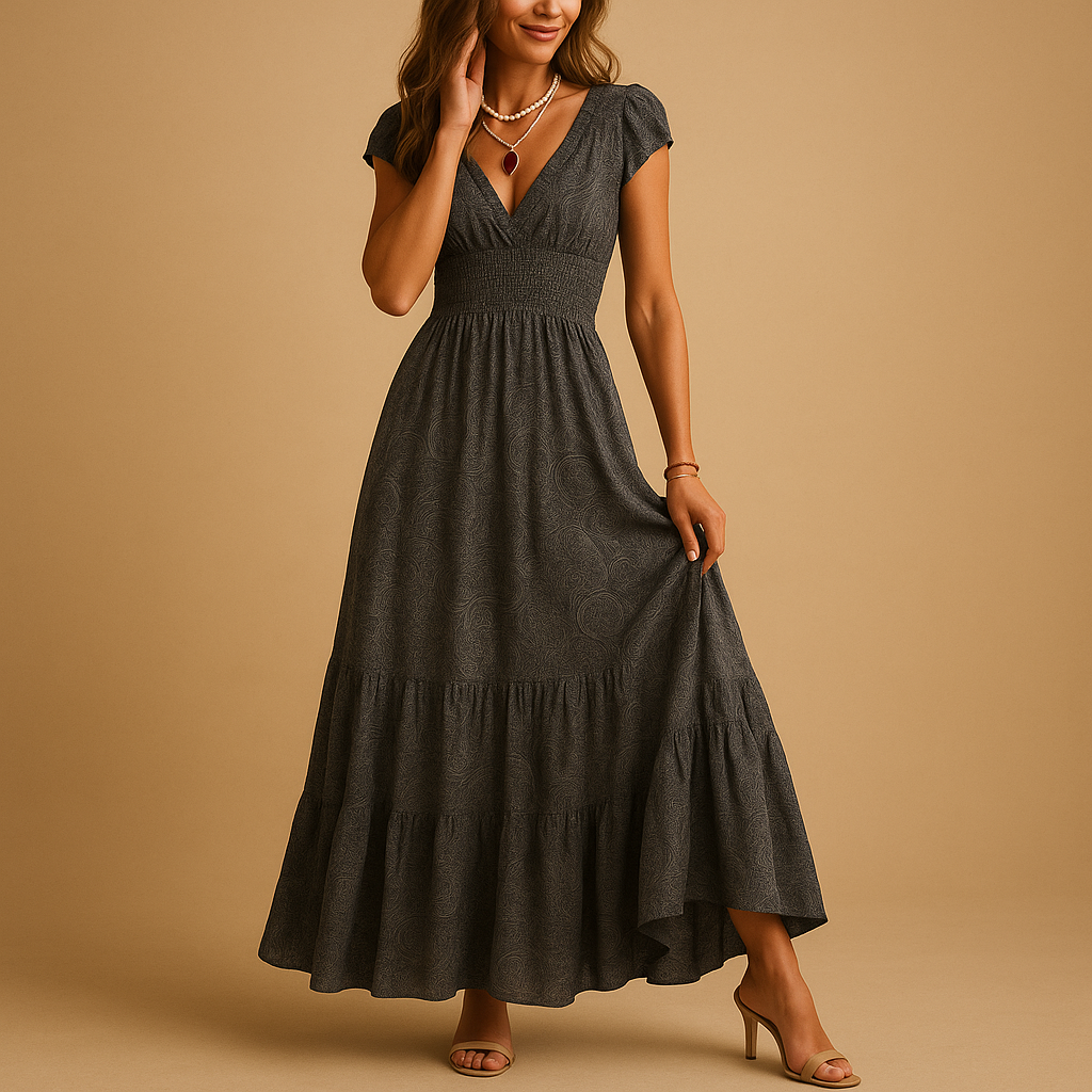 Bloemenprint maxi-jurk met rucheskraag voor dames | Fenna