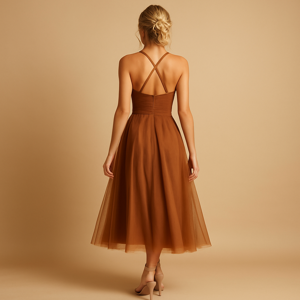 Chiffon maxi-jurk zonder mouwen met tulelaag voor dames | Elodie