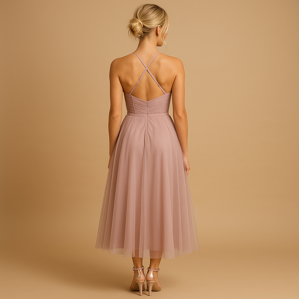 Chiffon maxi-jurk zonder mouwen met tulelaag voor dames | Elodie