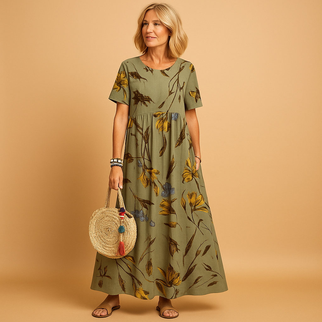 Vintage bloemenjurk met boothals en korte mouwen voor dames | Elvira