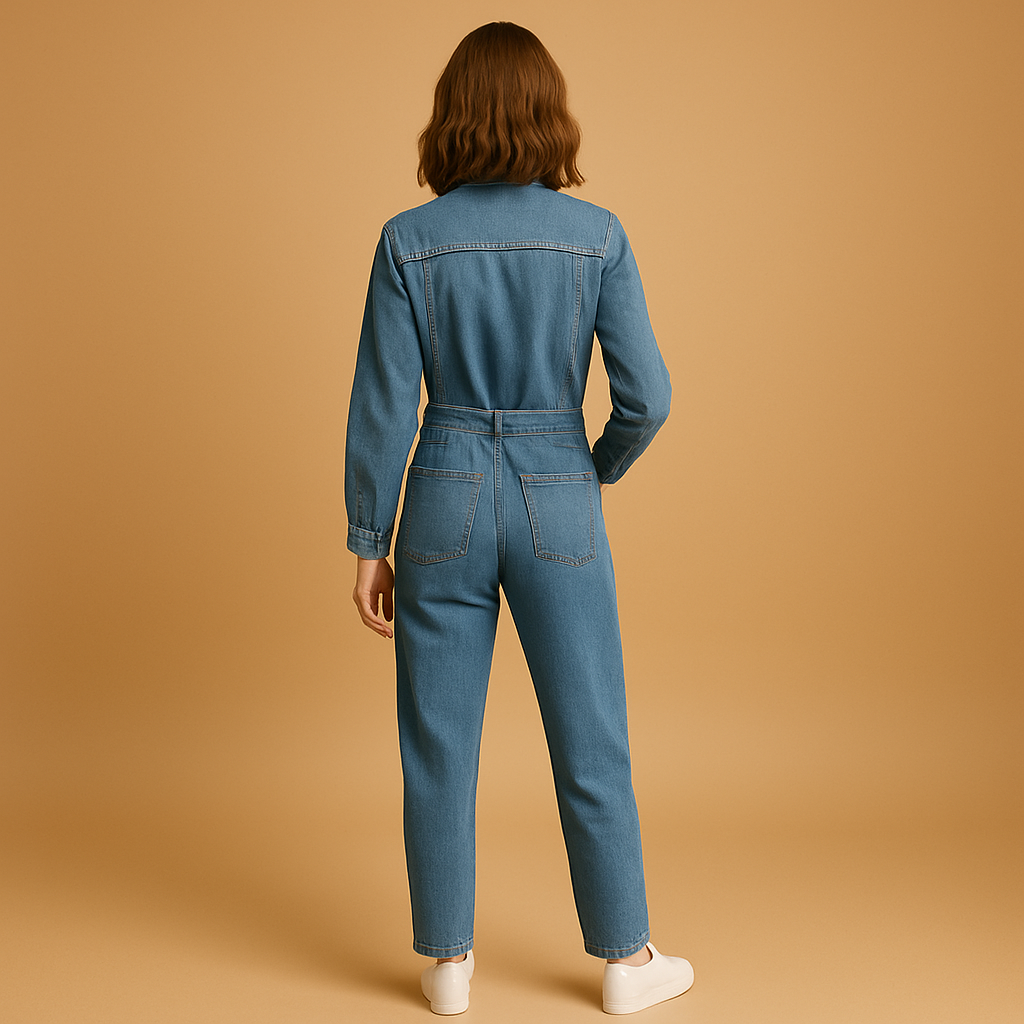 Blauwe denim jumpsuit dames met rechte pijpen en lange mouwen | Lara