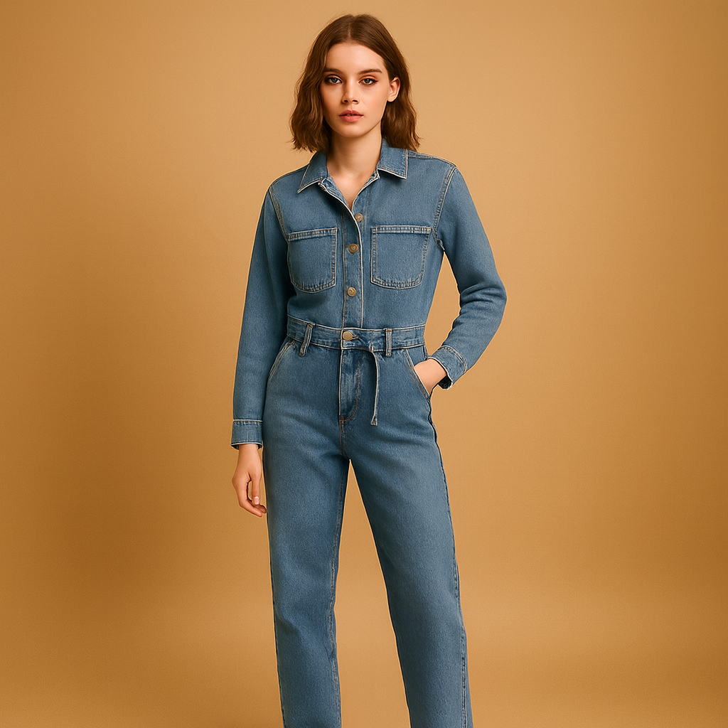 Blauwe denim jumpsuit dames met rechte pijpen en lange mouwen | Lara