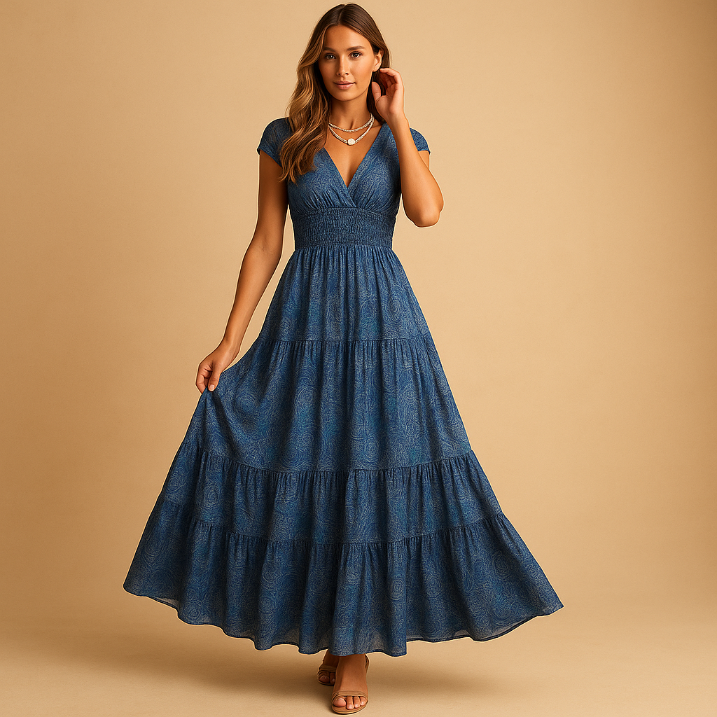 Bloemenprint maxi-jurk met rucheskraag voor dames | Fenna