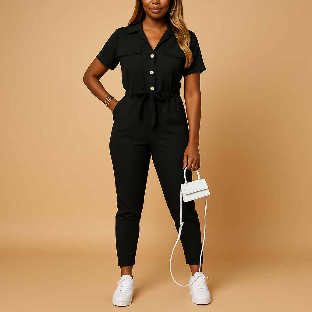 Getailleerde jumpsuit dames met knoopsluiting en flatterende pasvorm |Elvira