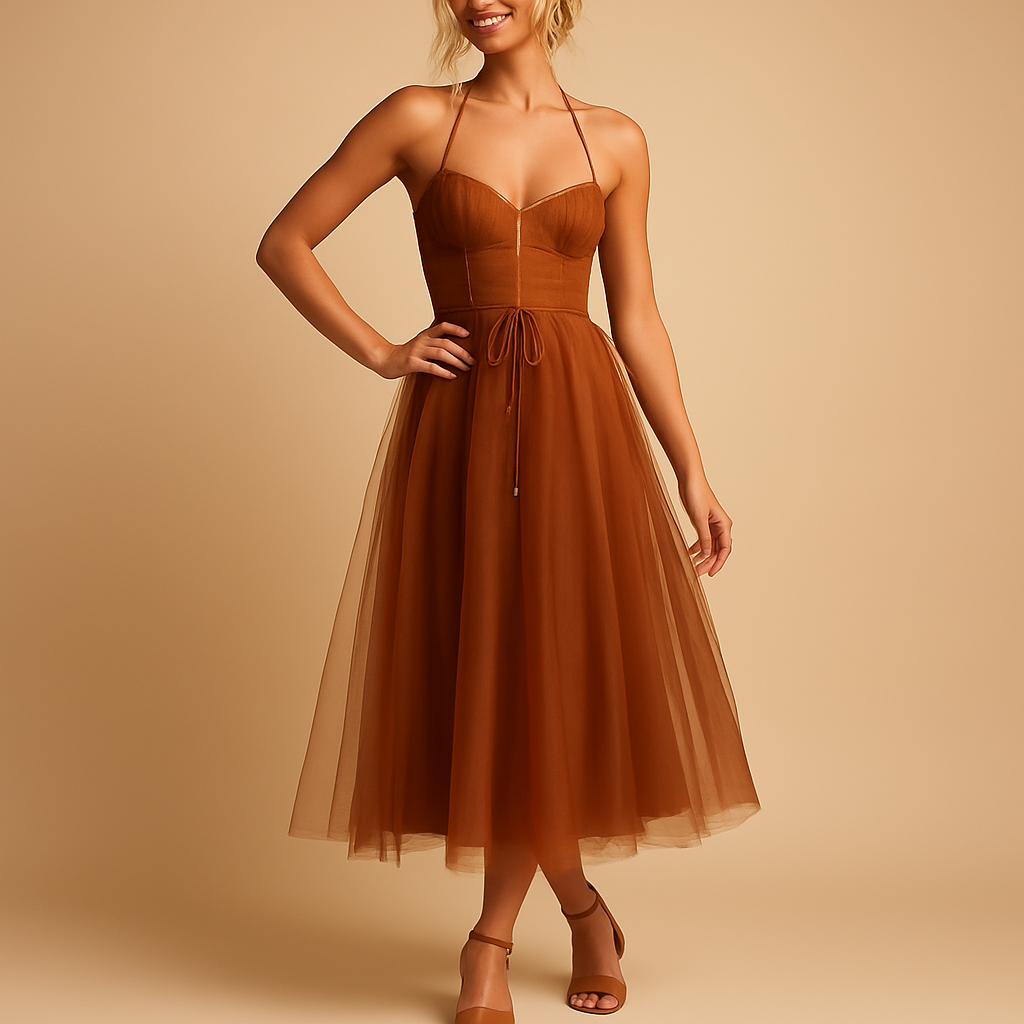 Chiffon maxi-jurk zonder mouwen met tulelaag voor dames | Elodie