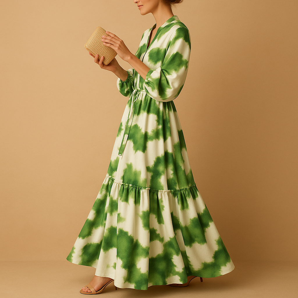 Maxi-jurk met V-hals en lange mouwen voor dames | Nadine