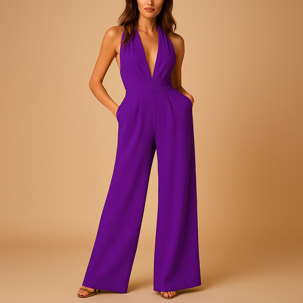 Rugloze mouwloze jumpsuit met V-hals voor dames | Elise