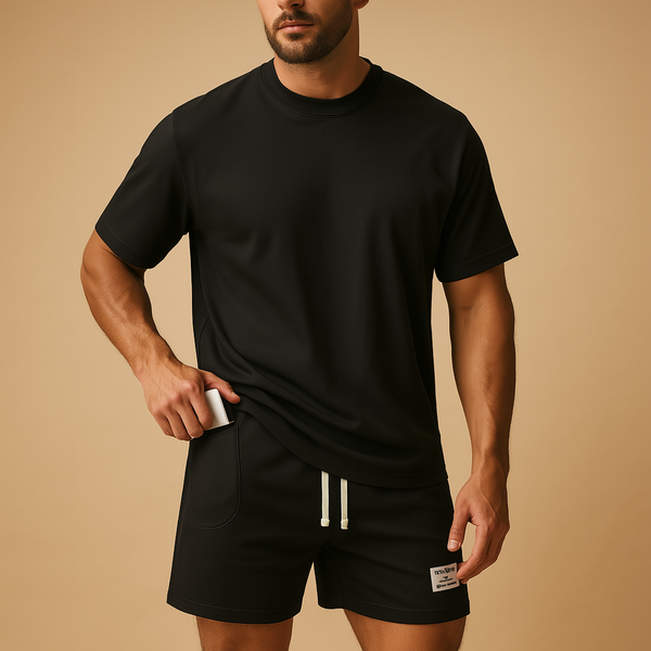 T-shirt og shortsæt i ensfarvet design til mænd | Sunny