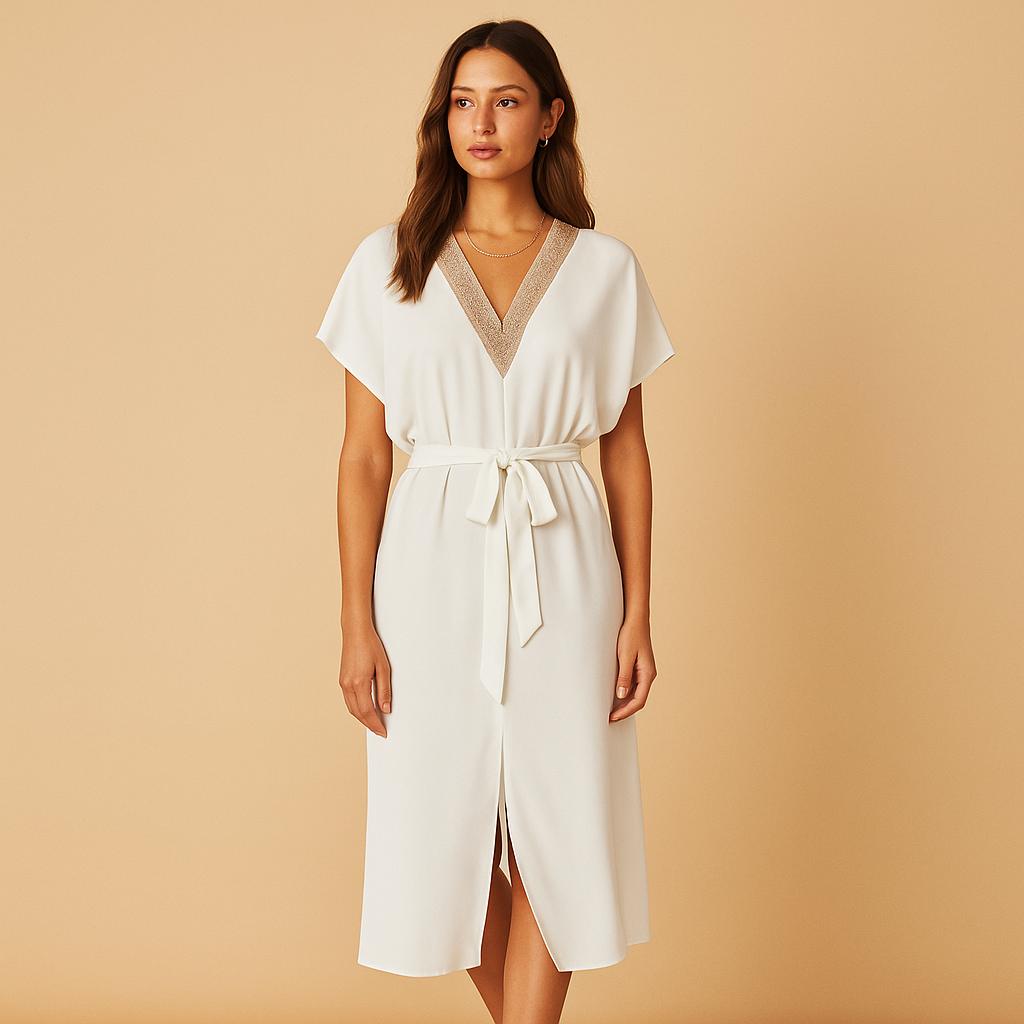 Witte midi-jurk met V-hals en minimalistisch design voor dames | Yara